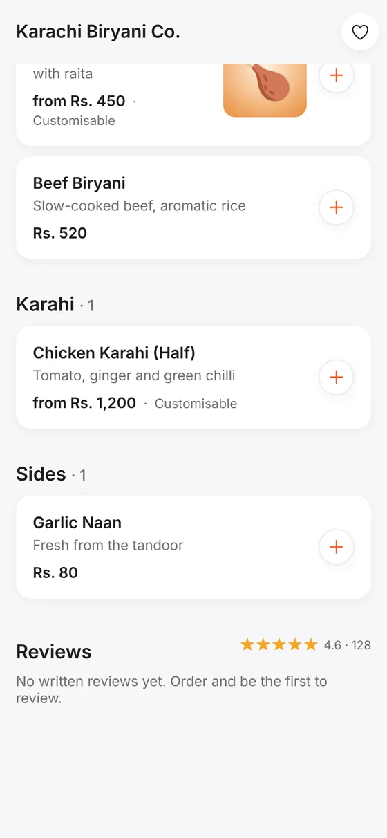 A restaurant menu in the app