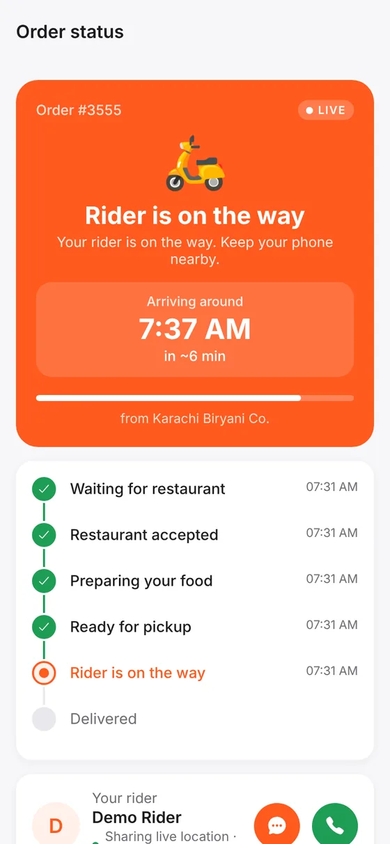 Live order tracking in the app