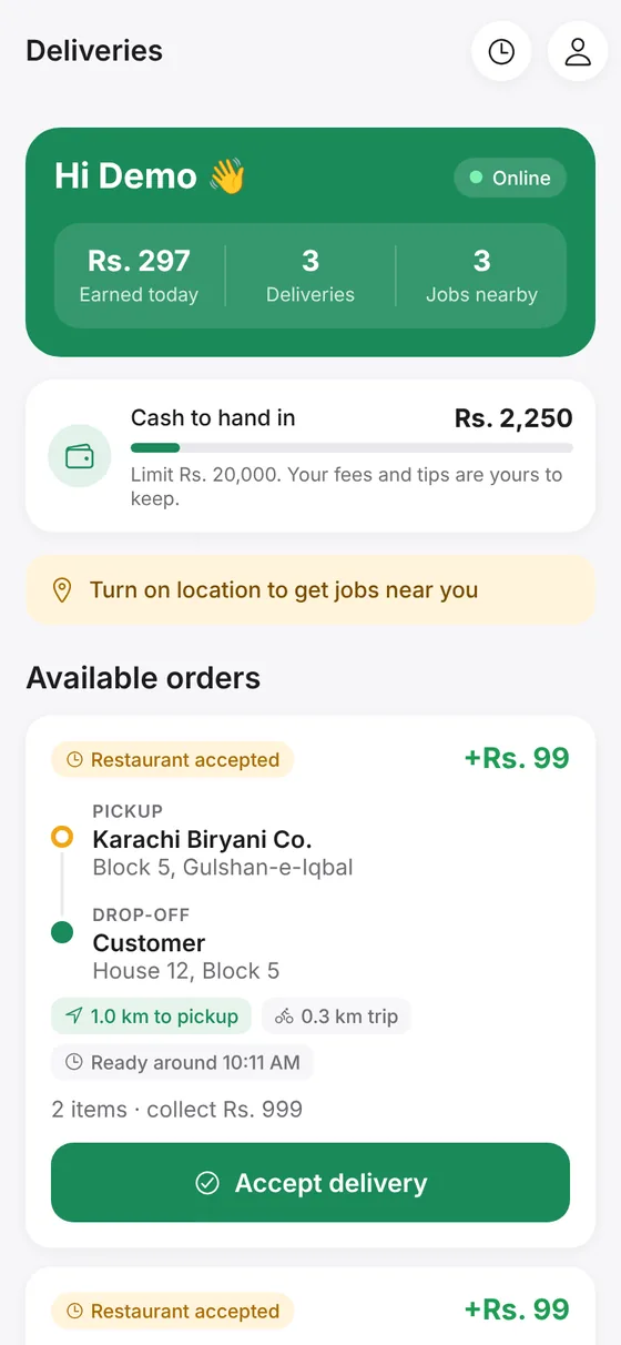 The CraveWala Rider app showing a delivery job